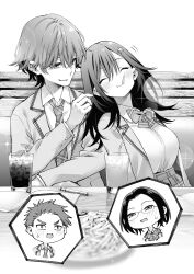  1boy 1girl absurdres blazer bow bowtie breasts commentary_request drink greyscale hair_ornament hairclip highres hoshizono_manaka jacket leaning_on_person long_hair love_comedy-zuki_to_kossori_tsunagaritai medium_breasts monochrome necktie novel_illustration official_art open_clothes open_jacket plaid_bow plaid_bowtie plaid_clothes plaid_necktie plaid_skirt school_uniform second-party_source shirt_tucked_in short_hair sitting skirt star_(symbol) star_hair_ornament 