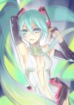 aqua_eyes aqua_hair breasts bridal_gauntlets center_opening elbow_gloves gloves hatsune_miku hatsune_miku_(append) kanou long_hair miku_append necktie solo twintails very_long_hair vocaloid vocaloid_append 