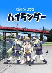 3girls aoba_(blue_archive) blonde_hair blue_archive blue_sky blush bow bowtie chiitara_(ghay3h) closed_eyes commentary_request day demon_tail full_body gloves green_hair green_halo halo hat highres hikari_(blue_archive) long_hair long_sleeves looking_at_viewer low_twintails multiple_girls newsboy_cap nozomi_(blue_archive) on_one_knee open_mouth orange_halo outdoors pantyhose pointy_ears posing river sky sweatdrop tail train translation_request twintails white_pantyhose yellow_bow yellow_bowtie yellow_eyes 