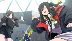  1other 3girls absurdres ambiguous_gender arknights armband ascot black_hair black_jacket closure_(arknights) cross doctor_(arknights) entelechia_(arknights) gloves hair_between_eyes hair_horns highres hood hooded_coat jacket long_hair long_sleeves looking_at_viewer multiple_girls open_clothes open_jacket open_mouth pale_skin pointy_ears red_cross red_eyes red_gloves rhodes_island_logo_(arknights) samacho short_hair vampire warfarin_(arknights) white_armband white_ascot white_hair 