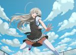  ahoge black_panties checkered checkered_skirt cloud clouds crowbar green_eyes haiyore!_nyaruko-san john_shiden long_hair nyarlathotep_(nyaruko-san) open_mouth panties silver_hair skirt sky solo thigh-highs thighhighs underwear white_legwear 