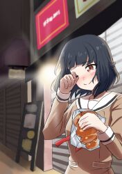  1girl bag bang_dream! blue_hair blush breasts chocolate_cornet commentary crying dress food hanasakigawa_school_uniform highres holding holding_bag holding_food long_sleeves medium_hair one_eye_closed plastic_bag red_eyes sailor_collar sailor_dress school_uniform security_shutter small_breasts smile solo tears tengyuan_jianguo untranslatable_commentary upper_body ushigome_rimi 