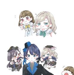  4girls :| ^^^ awoke_(love_live!) biting_another's_hair black_hair black_ribbon blue_eyes blue_hair blue_jacket blue_ribbon blush_stickers brown_hair ceras_yanagida_lilienfeld closed_mouth commentary dress expressionless green_neckerchief grey_hair hair_ribbon hasu_no_sora_school_uniform highres jacket jellyfish_cut kachimachi_kosuzu katsuragi_izumi long_hair long_sleeves love_live! love_live!_hasu_no_sora_jogakuin_school_idol_club low_twintails moso_(expect66) multiple_girls multiple_views murano_sayaka neckerchief notice_lines open_mouth orange_eyes retrofuture_(love_live!) ribbon sailor_collar sailor_dress school_uniform selfie short_sleeves side_ahoge simple_background summer_uniform thick_eyebrows twintails untranslatable_commentary virtual_youtuber white_background white_dress white_sailor_collar yellow_neckerchief 
