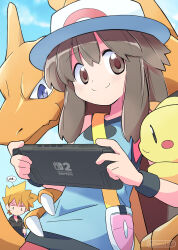  1boy 1girl bag black_shirt blonde_hair blue_eyes blue_shirt blush_stickers breasts brown_eyes brown_hair bucket_hat charizard closed_mouth collared_shirt commentary_request dragon handheld_game_console hat highres holding holding_handheld_game_console leaf_(pokemon) long_hair looking_at_viewer nintendo_switch_2 pikachu playing_games pokemon pokemon_(creature) pokemon_firered_and_leafgreen pokemon_red/green/blue/yellow rascal_(feuille) red_skirt shirt short_hair short_sleeves skirt sky sleeveless sleeveless_shirt small_breasts smile speech_bubble spiky_hair sweat v-shaped_eyebrows white_hat wristband yellow_bag 