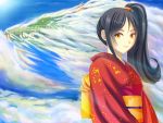  black_hair bust cloud clouds dragon edexigerero flat_chest japanese_clothes kimono light_smile lips long_hair looking_at_viewer obi original side_ponytail sky solo yellow_eyes 