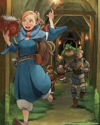  1girl 1other 3boys armor belt blonde_hair blue_dress blue_hood book border bow bowtie brown_belt chilchuck_tims commentary cover cover_page dress dungeon_meshi elf english_commentary full_body furigana grass green_eyes highres holding holding_book holding_torch kui_ryouko laios_touden long_sleeves manga_cover marcille_donato monster multiple_boys numbered official_art open_book open_mouth pointy_ears red_border red_bow red_bowtie running sandals second-party_source senshi_(dungeon_meshi) sweatdrop teeth textless_version torch tunnel worried 