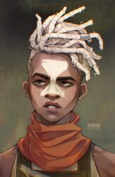  1boy arcane:_league_of_legends artist_name brown_eyes dark-skinned_male dark_skin dreadlocks ekko_(league) facial_mark firelight_ekko highres kishishiotani league_of_legends looking_to_the_side male_focus neck_warmer parted_lips portrait shirt simple_background sleeveless sleeveless_shirt solo undercut upper_body white_hair 