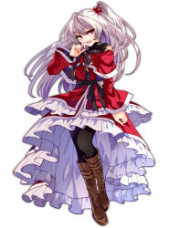  1girl :d belt_boots black_pantyhose black_ribbon black_sash boots brown_boots capelet commentary_request dress frilled_overskirt frilled_skirt frills full_body grey_hair hair_bobbles hair_ornament highres katayama_kei knee_boots lace-up_boots long_hair long_sleeves naughty_face neck_ribbon one_side_up pantyhose red_capelet red_dress red_eyes red_overskirt ribbon sash shinki_(touhou) simple_background skirt smile solo tachi-e touhou touhou_(pc-98) very_long_hair white_background wide_sleeves 