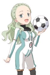  1girl absurdres armband ball black_thighhighs bodysuit braid breasts buchi_(y0u0ri_) commentary_request empty_eyes green_bodysuit green_hair grey_eyes guel highres holding holding_ball inazuma_eleven inazuma_eleven_(series) long_hair looking_at_viewer open_mouth smile soccer_ball solo standing thigh-highs white_background wings 