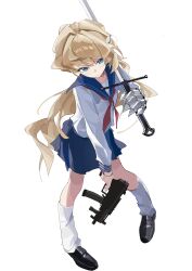  1girl absurdres alternate_costume black_shoes blonde_hair blue_archive blue_eyes blue_sailor_collar blue_skirt blush closed_mouth commentary gauntlets gun highres holding holding_gun holding_sword holding_weapon leg_warmers lirn long_hair long_sword neckerchief over_shoulder red_neckerchief sailor_collar shirt shoes skirt solo submachine_gun sword toki_(blue_archive) very_long_hair weapon weapon_over_shoulder white_leg_warmers white_shirt 