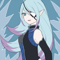  1girl bare_shoulders black_gloves black_shirt blue_background blue_eyes blue_eyeshadow blue_hair blue_lips breasts colored_tips commentary elbow_gloves eyepatch eyeshadow gloves hilary_flail inazuma_eleven_(series) inazuma_eleven_go inazuma_eleven_go_galaxy long_hair looking_at_viewer makeup medium_breasts multicolored_hair open_mouth pointy_ears purple_hair shirt sleeveless sleeveless_shirt smile solo tsukuyomi_03 two-tone_hair very_long_hair 