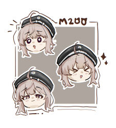  >_< 1girl :d absurdres ahoge alternate_eye_color beret black_hat blush border brown_eyes character_name cheyanne_(girls'_frontline_2) chibi chibi_only double-parted_bangs girls'_frontline_2:_exilium girls_frontline grey_background grey_hair hair_between_eyes hat highres m200_(girls'_frontline) medium_hair multiple_views naofeesh open_mouth outside_border portrait sidelocks simple_background smile sparkle white_border 