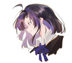  1girl ahoge araya_(project_moon) black_hair blue_bow blue_bowtie bow bowtie chromatic_aberration closed_mouth collared_shirt cropped_shoulders highres limbus_company medium_hair multicolored_hair parted_bangs portrait profile project_moon purple_streaks shirt sidelocks simple_background solo streaked_hair taki1187137 white_background white_shirt 