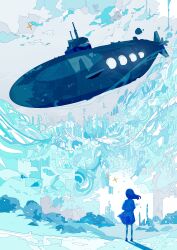  1girl absurdres aqua_theme blue_hair blue_skirt blue_theme clouds cloudy_sky commentary day english_commentary facing_away from_behind hato_(n_hat_mu) highres jacket medium_hair original outdoors scenery shoes skirt sky solo standing submarine vehicle_focus water watercraft wide_shot wind 