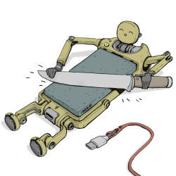  1other ^_^ absurdres braydan_barrett cable closed_eyes electric_plug highres holding holding_knife knife lightning_bolt_symbol original robot shadow sharpening simple_background smile whetstone white_background 