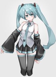  1girl aqua_eyes aqua_hair aqua_necktie bare_shoulders black_boots black_skirt boots cropped_legs detached_sleeves grey_shirt hatsune_miku highres hiiragi_1121 long_hair looking_at_viewer necktie number_tattoo pleated_skirt shirt shoulder_tattoo skirt sleeveless sleeveless_shirt solo tattoo thigh_boots twintails very_long_hair vocaloid wide_sleeves zettai_ryouiki 