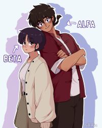  1boy 1girl absurdres arrow_(symbol) black_hair blue_eyes blush braid brown_eyes brown_pants brown_skirt cardigan closed_mouth commentary_request crossed_arms drop_shadow highres mill0kin pants pink_lips purple_hair ranma_1/2 saotome_ranma saotome_ranma_(male) shirt short_hair single_braid skirt smile spanish_commentary spanish_text split_mouth tendou_akane white_shirt yellow_cardigan 