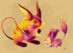  absurdres brown_eyes cat closed_eyes clothed_pokemon creature eyepatch eyes_closed highres holding_own_tail no_humans open_mouth pokemon pokemon_(creature) purplekecleon raichu sepia_background signature skitty smile standing 