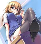  adjusting_glasses black_legwear blue_eyes blush breasts charlotte_e_yeager glasses hi-ho- high_heels legs long_hair looking_at_viewer orange_hair school_uniform shiny shiny_clothes shiny_hair sitting_on_desk smile solo strike_witches thighhighs 