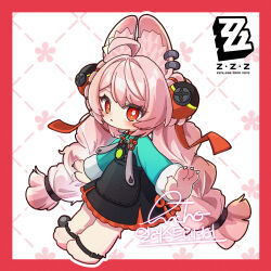  1girl :< ahoge animal_ear_fluff animal_ear_piercing animal_ears blush braid braided_twintails bright_pupils closed_mouth commentary_request copyright_logo copyright_name full_body furry furry_female hair_ornament highres inchoo22 logo long_hair looking_at_viewer pink_fur pink_hair rabbit_ears rabbit_girl red_eyes screw short_eyebrows signature solo sphere_hair_ornament thick_eyebrows twin_braids white_pupils zenless_zone_zero zhao_(zenless_zone_zero) 