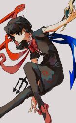  1girl absurdres asymmetrical_wings black_dress black_hair black_thighhighs blue_wings bow bowtie commentary dress grey_background highres houjuu_nue long_hair polearm red_bow red_bowtie red_eyes red_wings short_sleeves simple_background snake solo thigh-highs touhou trident uninosono weapon wings 