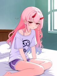  1girl :| bed bedroom between_legs blue_hair blurry blurry_foreground blush bra_strap broken_horn closed_mouth clothes_writing commentary dolphin_shorts flat_chest gori_wakamaru gradient_hair hair_between_eyes hand_between_own_legs headboard highres horns indie_virtual_youtuber indoors kanehira_ame light_particles long_hair morning multicolored_hair on_bed oversized_clothes oversized_shirt pillow pink_eyes pink_hair purple_shorts red_horns shirt short_sleeves shorts sidelocks single_off_shoulder sitting solo virtual_youtuber waking_up wavy_hair white_shirt window yokozuwari 