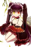  black_hair breasts choker collarbone detached_collar dress fan frilled_dress frills grin gs_5th_star heterochromia holding long_hair lowres maid_headdress multicolored_eyes pin1004 red_eyes seiza sitting smile sword_girls twintails very_long_hair yellow_eyes 