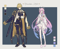  1boy 1girl black_boots blonde_hair blue_pants boots border closed_mouth coat coat_on_shoulders color_guide commentary_request crop_top cropped_jacket cyrene_(honkai:_star_rail) double-parted_bangs dress_shirt floating_hair full_body gradient_hair grey_background hair_between_eyes high_heels honkai:_star_rail honkai_(series) jacket jewelry knee_boots lace-trimmed_thighhighs lace_trim light_smile long_coat long_hair long_sleeves looking_at_viewer midriff multicolored_hair outside_border pants pants_tucked_in phainon_(honkai:_star_rail) pink_hair pleated_skirt reference_sheet shirt shirt_tucked_in shoes skirt smile standing straight-on swept_bangs symbol-shaped_pupils thigh-highs tomanattsu two-tone_shirt v-shaped_eyebrows very_long_hair white_border white_jacket white_shoes white_skirt white_thighhighs 