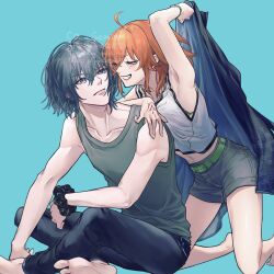  1boy 1girl ahoge belt black_hair black_jacket black_scrunchie blue_eyes ca_(ca_gemini) command_spell commentary_request fate/grand_order fate_(series) fujimaru_ritsuka_(female) fujimaru_ritsuka_(female)_(summer_street) green_belt grey_shorts highres jacket medium_hair navel oberon_(fate) oberon_(moody_summer_oberon)_(fate) oberon_(third_ascension)_(fate) orange_hair scrunchie shirt short_hair shorts smile unworn_jacket wrist_scrunchie 