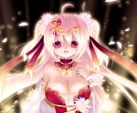  :d ahoge armlet bad_id bare_shoulders blurry breasts bust cleavage collarbone depth_of_field detached_collar dress flower hair_flower hair_intakes hair_ornament hair_ribbon hand_on_own_chest jewelry light_particles light_rays long_hair looking_at_viewer necklace open_mouth original pink_eyes pink_hair ribbon s20 see-through smile solo tiara twintails very_long_hair wrist_cuffs yandere 