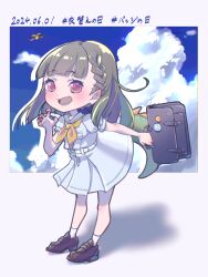  1girl :d absurdres badge blue_sky blunt_bangs blush braid briefcase brown_hair button_badge center-flap_bangs claw_pose commentary_request dated deformed dinosaur_girl dinosaur_tail dress drop_shadow fang full_body hashtag hasu_no_sora_school_uniform highres holding holding_briefcase kachimachi_kosuzu kirisaki_nuko leaning_forward long_hair looking_at_viewer love_live! love_live!_hasu_no_sora_jogakuin_school_idol_club medium_dress neckerchief open_mouth pleated_dress red_eyes sailor_collar sailor_dress school_briefcase school_uniform short_sleeves side_ahoge side_braids skin_fang sky smile solo standing summer_uniform tail virtual_youtuber white_dress white_sailor_collar yellow_neckerchief 