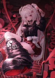  1girl :p absurdres bare_shoulders black_choker black_leg_warmers black_nails black_shirt blunt_bangs braid breasts choker commentary_request crossed_legs fishnet_thighhighs fishnets foreshortening hair_ornament head_tilt heart highres holding holding_removed_eyewear honkai:_star_rail honkai_(series) in_shopping_cart jewelry leg_warmers long_hair looking_at_viewer medium_breasts minamo_(edosei_edo) miniskirt multicolored_hair official_alternate_costume official_alternate_hairstyle pink_eyes pleated_skirt red_ribbon red_skirt red_streaks ribbon ring shirt shopping_cart sidelocks single_thighhigh skirt solo sparkle_(honkai:_star_rail) sparxie_(candy-coated_waves)_(honkai:_star_rail) sparxie_(honkai:_star_rail) streaked_hair sunglasses thigh-highs thigh_strap tongue tongue_out twintails two_side_up unworn_eyewear very_long_hair white_hair x_hair_ornament 