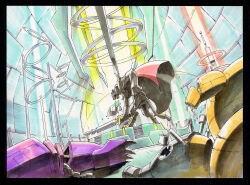  1boy animal_ears armor black_border border breastplate broken cable cape commentary_request concept_art dutch_angle furry furry_male highres holding holding_sword holding_weapon indoors leopard_boy leopard_ears leopard_tail male_focus non-humanoid_robot original pauldrons red_cape robot science_fiction shibata_jun shoulder_armor solo spiked_pauldrons spikes standing sword tail tail_ornament tail_ring traditional_media weapon 
