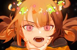  2girls absurdres blonde_hair blush brown_hair cecilia_immergreen commentary doll doll_joints fangs gigi_murin gigi_murin_(1st_costume) grem_(gigi_murin) hand_on_another's_chin hechium highres hololive hololive_english joints multicolored_hair multiple_girls open_mouth otomo_(cecilia_immergreen) pink_eyes pov pov_hands short_hair short_twintails twintails two-tone_hair untranslatable_commentary virtual_youtuber yuri 