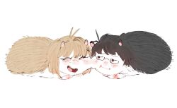  1boy 1girl ahoge animal animal_ears animalization antenna_hair arcueid_brunestud black_fur black_hair blonde_hair blush body_fur cheek-to-cheek closed_eyes commentary derivative_work english_commentary fangs glasses hair_between_eyes heads_together hedgehog leodot messy_hair open_mouth short_hair simple_background single_hair_intake smile tohno_shiki tsukihime tsukihime_(remake) white_background yellow_fur 