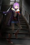  belt black_legwear boots flashlight ghost green_eyes heart hooded_jacket jacket kriss_sison long_sleeves open_clothes open_jacket open_mouth original pantyhose payot purple_hair skirt solo stairs transparent 