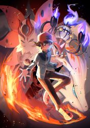  1boy absurdres backwards_hat baseball_cap blue_jacket blue_sclera chandelure colored_sclera commentary_request dragon hat highres hilbert_(pokemon) jacket poke_ball poke_ball_(basic) poke_ball_print pokemon pokemon_(creature) pokemon_black_and_white reshiram rxoayurvvt3494 volcarona white_fur zipper_pull_tab 