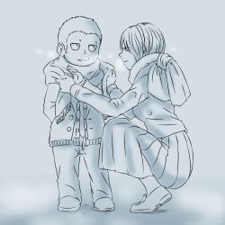  1boy 1girl adjusting_another's_clothes adjusting_scarf alternate_costume breath closed_mouth coat commentary_request danganronpa_(series) danganronpa_v3:_killing_harmony dress_shoes eyes_visible_through_hair forehead from_side full_body grey_background grey_theme hands_in_pockets height_difference highres hoshi_ryoma loafers long_skirt long_sleeves looking_at_another looking_down monochrome parted_lips pleated_skirt pointy_nose scarf shadow shiruko_(mikan4649) shoes short_hair short_male simple_background skirt smile squatting standing suit_pants tojo_kirumi winter winter_clothes winter_coat 