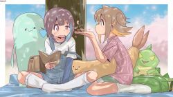  2girls bag bambi2000line blowing blue_hair book border brown_bag brown_hair cherry_blossoms commentary_request green_bag green_shorts holding holding_book hozuki_momiji multiple_girls oka_asahi onii-chan_wa_oshimai! orange_hair outside_border overall_shorts overalls petals profile shirt shorts sitting socks strap_slip stuffed_dinosaur stuffed_toy sweatdrop tareme tree two_side_up uneven_eyes wariza white_border white_socks 