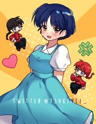  1boy 2girls :d absurdres anger_vein arms_behind_back black_hair black_pants black_shoes blue_eyes blue_hair braid brown_eyes chibi chinese_clothes commentary english_commentary heart highres multiple_girls open_mouth pants ranma_1/2 red_hair saotome_ranma saotome_ranma_(female) saotome_ranma_(male) school_uniform shoes short_hair single_braid smile solo_focus tangzhuang tendou_akane tongue tongue_out tsukimei yellow_background 
