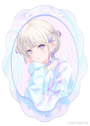  1girl achiki blonde_hair blush commentary_request company_name copyright_notice hair_ornament highres hololive hololive_dev_is iridescent_clothes jacket looking_at_viewer multicolored_hair official_art purple_hair shirt short_hair solo streaked_hair todoroki_hajime todoroki_hajime_(1st_costume) virtual_youtuber white_jacket white_shirt 