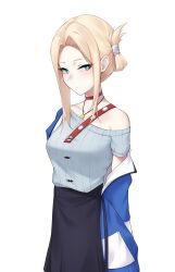  1girl absurdres black_skirt blonde_hair blouse blue_eyes blue_jacket choker digimon digimon_alysion grey_shirt highres jacket jewelry long_hair looking_at_viewer looking_to_the_side multicolored_jacket open_clothes open_jacket pendant red_choker shirt short_sleeves shoulder_strap sideways_glance simple_background single_bare_shoulder single_off_shoulder skirt solo strap two-tone_jacket valner_dragnogh white_background zigma_s 