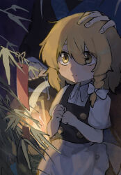  1boy 1girl 2gousu aged_down apron back_bow black_skirt black_vest blonde_hair blush bow braid child closed_mouth collared_shirt commentary_request hair_between_eyes hair_bow headpat holding holding_lantern kirisame_marisa lantern long_hair marisa_day missing_headwear morichika_rinnosuke puffy_short_sleeves puffy_sleeves shirt short_sleeves side_braid single_braid skirt solo_focus tanabata tanzaku touhou vest waist_apron white_apron white_bow yellow_eyes 