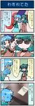  4koma :&lt; animal_ears artist_self-insert blue_hair brown_dress choujuu_gigaku comic dress green_hair grin heterochromia highres kasodani_kyouko mizuki_hitoshi multiple_girls open_mouth paper real_life_insert shirt short_hair skirt smile sunglasses sweat table tatara_kogasa thumbs_up touhou translated translation_request umbrella vest 