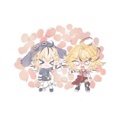  >_< 2girls :3 aqua_eyes black_pants black_shoes black_shorts blonde_hair blue_hat blue_shirt chibi chibi_only clothes_around_waist dokibird dooby full_body grey_hat happy_(yppah1060) hat highres indie_virtual_youtuber jacket jacket_around_waist long_hair multiple_girls pants shirt shoes shorts virtual_youtuber white_background 