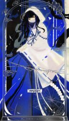  1girl araya_(project_moon) black_hair blue_streaks chihaya_(clothing) closed_mouth commentary disembodied_eye fenghua_fuka filler_text frown full_body highres japanese_clothes kimono limbus_company long_hair looking_at_viewer mouth_veil multicolored_hair project_moon red_eyes shiromuku silk sleeves_past_fingers sleeves_past_wrists solo spider_web streaked_hair too_many_watermarks uchikake veil wataboushi watermark white_kimono wide_sleeves 