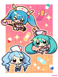  >_o 3girls ahoge aqua_eyes aqua_hair bandaid bandaid_on_arm blue_hair blue_pantyhose blush_stickers border bow bowtie cellphone chibi chibi_only commentary detached_wings dress elreah0 fang flip_phone gloves gradient_background gradient_hair grid_background hair_between_eyes hair_ornament hat hatsune_miku hatsune_miku_(spacey_nurse) head_wings heart heart_hair_ornament highres holding holding_syringe koiiro_byoutou_(vocaloid) leg_warmers long_hair looking_at_viewer low_drills m@gical_cure!_love_shot!_(vocaloid) multicolored_hair multiple_girls multiple_persona nurse nurse_cap one_eye_closed open_mouth orange_background orange_eyes outline outside_border oversized_object pantyhose phone pill pink_background pink_dress pink_hair pink_sailor_collar project_diva_(series) sailor_collar shoes short_sleeves sitting sitting_on_object skin_fang sleeveless sleeveless_dress smile songover sparkle standing star-shaped_pupils star_(symbol) symbol-shaped_pupils syringe thigh_strap trait_connection twintails untranslatable_commentary v-shaped_eyes very_long_hair violet_eyes vocaloid white_border white_dress white_gloves white_leg_warmers white_outline white_shoes wings yellow_bow yellow_bowtie 