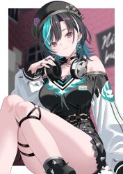  1girl absurdres aqua_hair beret black_choker black_hair black_hat black_shirt black_socks braid braided_bangs breasts choker closed_eyes colored_inner_hair commentary_request earrings hat headphones headphones_around_neck highres hololive hololive_dev_is jewelry knee_strap knees_together_feet_apart large_breasts long_shirt long_sleeves looking_at_viewer loose_socks medium_hair multicolored_hair off-shoulder_shirt off_shoulder purple_shorts purple_streaks raglan_sleeves red_eyes rindo_chihaya rindo_chihaya_(1st_costume) shirt short_shorts shorts sitting smile socks solo streaked_hair swept_bangs thigh_strap toketa-sekai virtual_youtuber white_streaks 