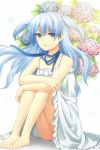  bare_shoulders barefoot blue_eyes blue_hair dress expressionless flower frilled_dress frills hair_between_eyes hydrangea jenevan long_hair lowres ribbon short_twintails sitting solo sword_girls twintails two_side_up white_dress 
