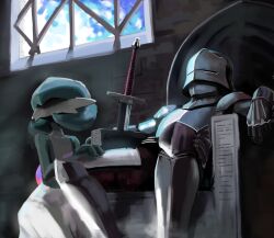  1girl 1other absurdres ambiguous_gender armor bob_cut breastplate chair colored_skin commentary day english_commentary faceless faceless_female full_armor gardevoir gauntlets greaves green_hair green_skin grey_helmet hand_on_another's_thigh hand_up helm helmet highres indoors kneeling looking_afar multicolored_skin no_lineart noconcession on_chair pauldrons pokemon pokemon_(creature) short_hair shoulder_armor sitting throne two-tone_skin white_skin window 